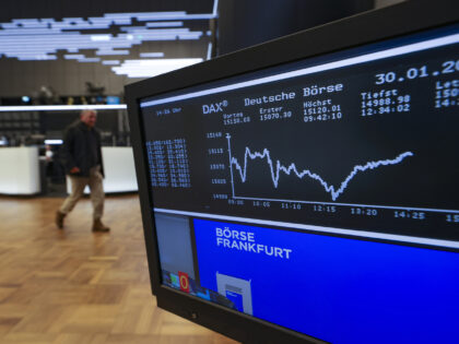 The DAX Index yield curve displayed on a screen at the Frankfurt Stock Exchange, operated by Deutsche Boerse AG, in Frankfurt, Germany, on Monday, Jan. 30, 2023. European stocks fell on Monday as investors took profit on the rally ahead of another round of rate hikes from central banks in …