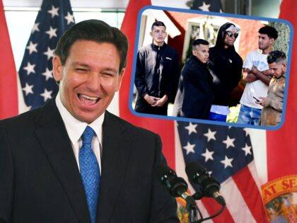 AUBURNDALE, FLORIDA, UNITED STATES - 2023/01/30: Florida Gov. Ron DeSantis laughs during a press conference to announce the Moving Florida Forward initiative at the SunTrax Test Facility in Auburndale, Florida. If passed by the legislature, the proposal would expedite transportation projects over the next four years with $7 billion in …