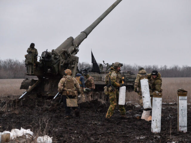 UKRAINE - 2023/02/05: Ukrainian troops prepare to fire a Pion artillery system in the direction of Bakhmut. Ammunition for the Pion system is hard to find in Ukraine, with stocks running low throughout the country. (Photo by Madeleine Kelly/SOPA Images/LightRocket via Getty Images)