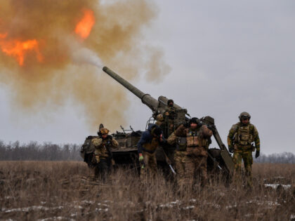 UKRAINE - 2023/02/05: Ukrainian artillery teams fire Pions toward Russian positions in Bakhmut. Artillery continues to play a significant role in the war against Russian forces in Donbas. (Photo by Madeleine Kelly/SOPA Images/LightRocket via Getty Images)