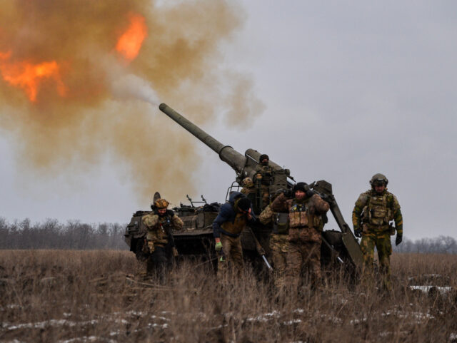 UKRAINE - 2023/02/05: Ukrainian artillery teams fire Pions toward Russian positions in Bak
