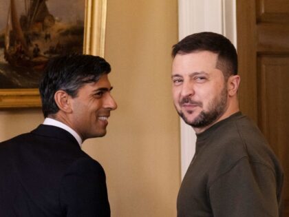 Britain's Prime Minister Rishi Sunak (L) hosts Ukraine's President Volodymyr Zelensky for a meeting inside 10 Downing Street in central London on February 8, 2023. - Ukraine's President Volodymyr Zelensky on Wednesday hailed Britain as "one of the first" countries to support Ukraine after Russia invaded, on his first visit …