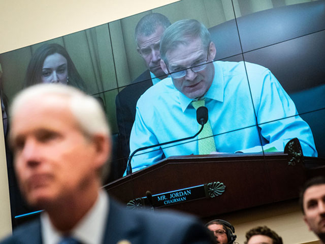 WASHINGTON, DC - FEBRUARY 09: House Judiciary Committee Chairman Rep. Jim Jordan (R-OH) is seen on a screen during the first hearing of the House Judiciary Select Committee on the Weaponization of the Federal Government in the Rayburn House Office Building on Thursday, Feb. 9, 2023 in Washington, DC. (Kent Nishimura / Los Angeles Times via Getty Images)