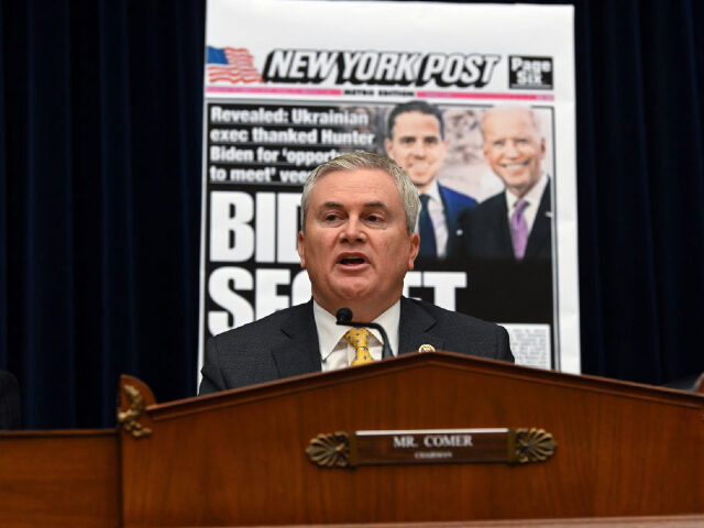WASHINGTON, DC - FEBRUARY 08: House Oversight Committee Chairman Rep. James Comer (R-KY) is seen in front of a newspaper page with a photograph of Hunter Biden and his father President Joe Biden during the Protecting Speech from Government Interference and Social Media hearing with former Twitter employees before the …