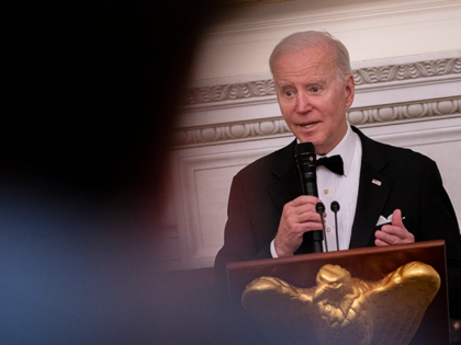 President Joe Biden delivers a toast to the nation's governors during a black-tie dinner in the State Dinning Room at the White House on February 11, 2023 in Washington, DC. President Biden hosted the dinner as governors gathered in Washington for the National Governor's Association Winter Meeting. (Photo by Nathan …