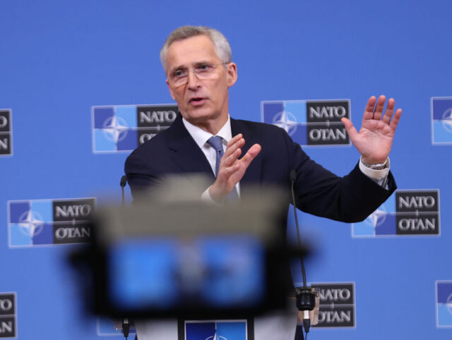 BRUSSELS, BELGIUM - FEBRUARY 13: NATO Secretary General Jens Stoltenberg holds a press conference ahead of the NATO Defense Ministers Meeting to be held on February 14-15 in Brussels, Belgium on February 13, 2023. (Photo by Dursun Aydemir/Anadolu Agency via Getty Images)