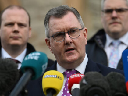 BELFAST, NORTHERN IRELAND - FEBRUARY 17: DUP leader Sir Jeffrey Donaldson talks to the media after holding talks with UK Prime Minister Rishi Sunak at Culloden hotel on February 17, 2023 in Belfast, Northern Ireland. The Prime Ministers visit comes as sources suggest a deal could be reached as early …