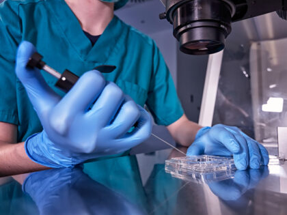 In vitro fertilization process close up. Equipment on laboratory of Fertilization, IVF. Em