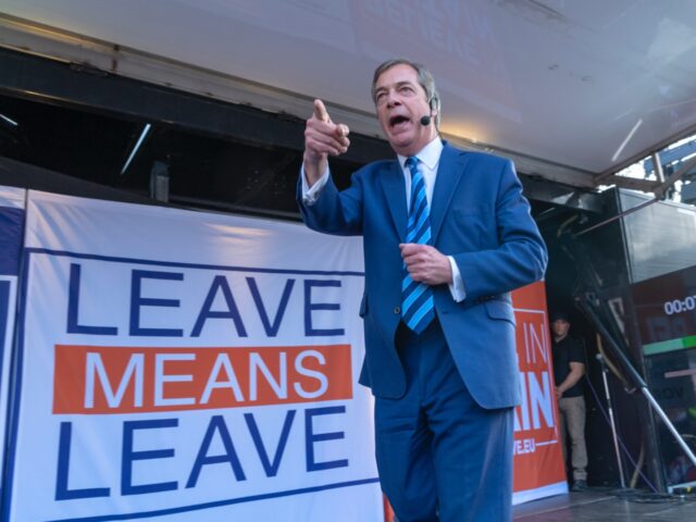 Nigel Farage at a Pro Brexit demonstration at Parliament Square in London. (Photo by: Stev
