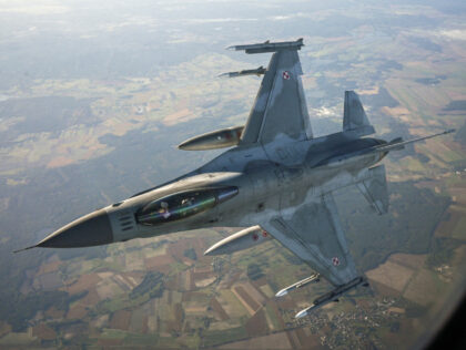 LASK, POLAND - OCTOBER 12: A F-16 Fighting Falcon from the Polish Air Force takes part in