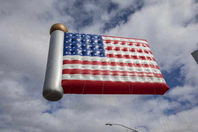 SAN DIEGO, CALIFORNIA - DECEMBER 28: "Old Glory," an American flag balloon is di