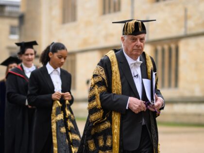 OXFORD, ENGLAND - JANUARY 10: Chancellor of Oxford University, Lord Patten of Barnes, (R) walks in a formal procession ahead of the ceremony to officially name Professor Irene Tracey as the 273rd Vice-Chancellor of the University of Oxford on January 10, 2023 in Oxford, England. The Vice-Chancellor is Oxford's senior …