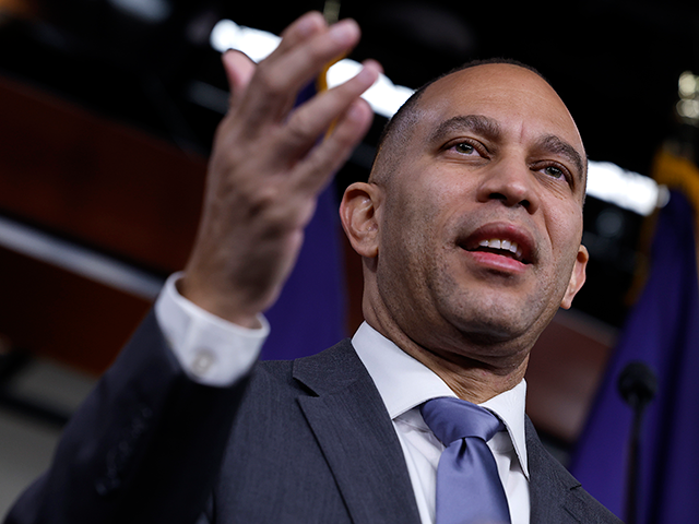 House Minority Leader Hakeem Jeffries (D-NY) talk to reporters during his weekly news conference in the U.S. Capitol Visitors Center on February 09, 2023 in Washington, DC. Jeffries was asked about Republican members of Congress' boisterous reactions to President Joe Biden's Tuesday State of the Union address and the effort …