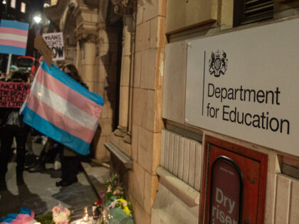 LONDON, ENGLAND - FEBRUARY 15: Activists and members of the LGBT community hold a vigil for Brianna Ghey outside of the Department of Education in London on February 15, 2023 in London, England. Candlelit vigils are being held across the UK this week for Brianna Ghey, 16, who was stabbed …