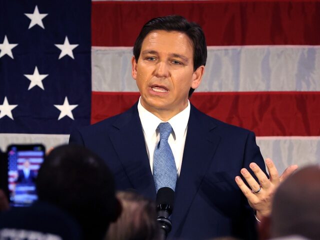 NEW YORK, NEW YORK - FEBRUARY 20: Florida Gov. Ron DeSantis speaks to police officers about protecting law and order at Prive catering hall on February 20, 2023 in the Staten Island borough of New York City. DeSantis, a Republican, is expected by many to announce his candidacy for president …