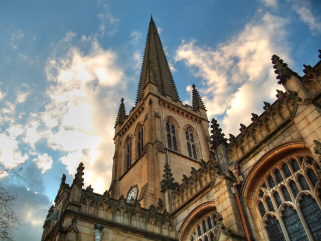 "Medieval Wakefield Cathedral, Great Britain."