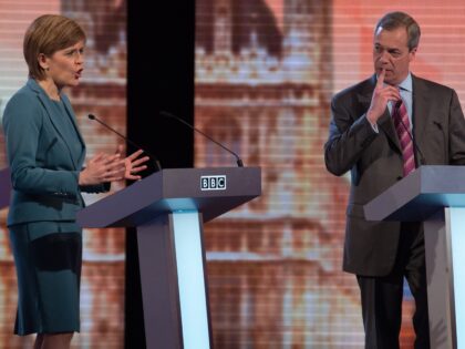 LONDON, UNITED KINGDOM - APRIL 16: (L-R) SNP leader Nicola Sturgeon and UKIP leader Nigel Farage take part in the Live BBC Election Debate 2015 at Central Hall Westminster on April 16, 2015 in London, England. The leaders of five political parties are taking part in the election debate, without …