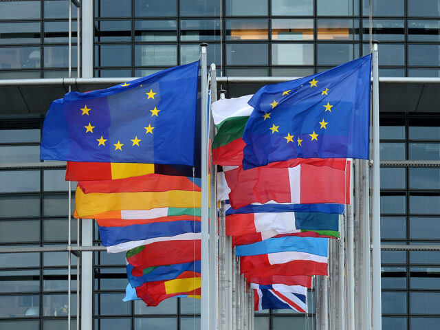 A picture taken on May 9, 2014 shows European flags in front of the European Parliament in