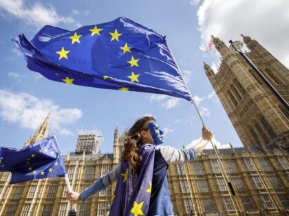 Pro-European Union demonstrators protest outside the Houses of Parliament against the first vote today on a bill to end Britain's membership of the EU on September 11, 2017. - MPs hold their first vote today on a bill to end Britain's membership of the EU, which ministers say will avoid …