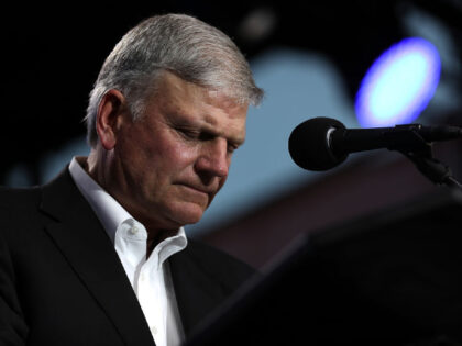 TURLOCK, CA - MAY 29: Rev. Franklin Graham speaks during Franklin Graham's "Decision America" California tour at the Stanislaus County Fairgrounds on May 29, 2018 in Turlock, California. Rev. Franklin Graham is touring California for the weeks leading up to the California primary election on June 5th with a message …