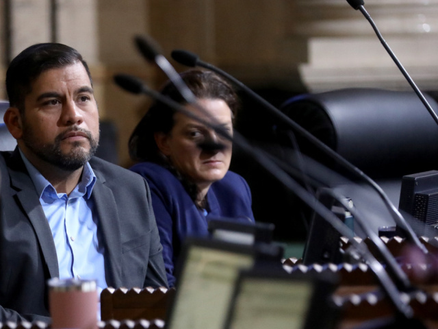LOS ANGELES, CA - JANUARY 11: Councilmember Hugo Soto-Martinez (district 13) at the Los Angeles City Council meeting at Los Angeles City Hall on Wednesday, Jan. 11, 2023 in Los Angeles, CA. (Gary Coronado / Los Angeles Times via Getty Images)