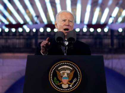 President Joe Biden delivers a speech marking the one-year anniversary of the Russian invasion of Ukraine, Tuesday, Feb. 21, 2023, at the Royal Castle Gardens in Warsaw. (AP Photo/ Evan Vucci)