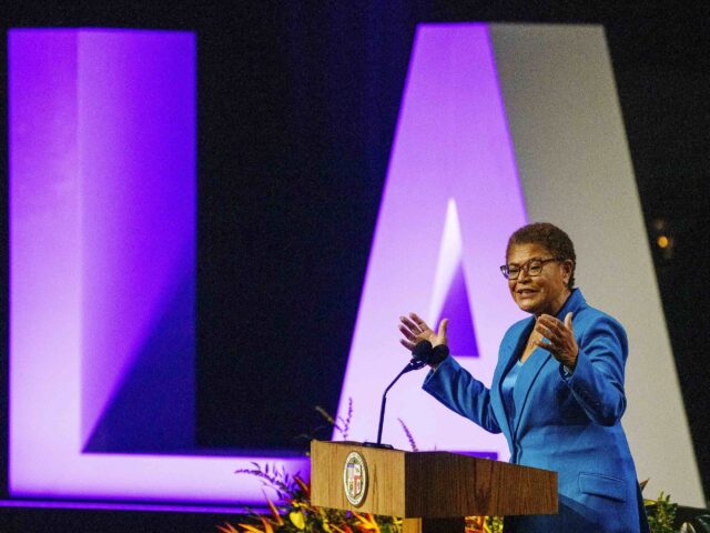 FILE - New Los Angeles Mayor Karen Bass speaks during her inaugural address, Sunday, Dec. 11, 2022. The new mayor of Los Angeles, Bass, said Sunday, Dec. 18, her administration will start moving homeless people in tent encampments into hotel and motel rooms through a new program that launches Tuesday. …