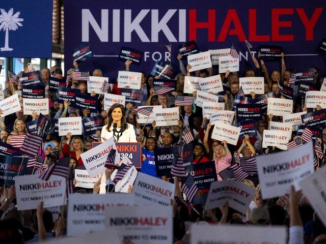 Republican presidential candidate Nikki Haley speaks to supporters during her speech Wedne
