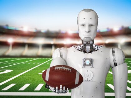 3d rendering humanoid robot holding football ball
