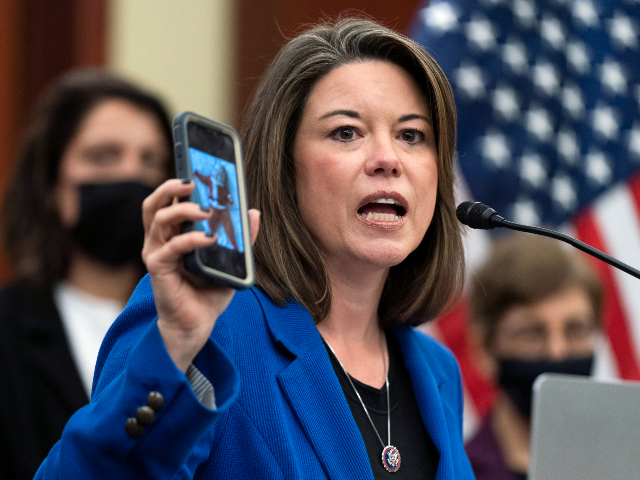 Rep. Angie Craig, D-Mn., shows a picture of her grandson Noah from her phone as she speaks about proposed investments in children to reduce economic disparity, during a news conference with House Speaker Nancy Pelosi of Calif., on Capitol Hill in Washington, Tuesday, Dec. 14, 2021. (AP Photo/Manuel Balce Ceneta)