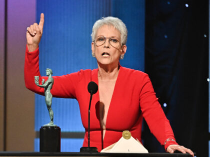 Jamie Lee Curtis accepts the Outstanding Performance by a Female Actor in a Supporting Role award for “Everything Everywhere All at Once” onstage