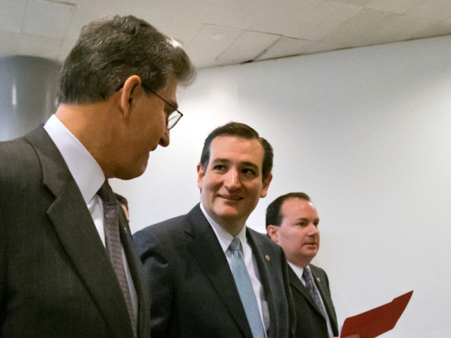From left, Sen. Joe Manchin, D-W.Va., Sen. Ted Cruz, R-Texas, and Sen. Mike Lee, R-Utah, h