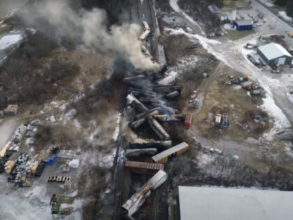 This video screenshot released by the U.S. National Transportation Safety Board (NTSB) shows the site of a derailed freight train in East Palestine, Ohio, the United States. About 50 Norfolk Southern freight train cars derailed on the night of Feb. 3 in East Palestine, a town of 4,800 residents near …