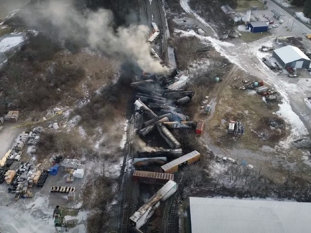 This video screenshot released by the U.S. National Transportation Safety Board (NTSB) shows the site of a derailed freight train in East Palestine, Ohio, the United States. About 50 Norfolk Southern freight train cars derailed on the night of Feb. 3 in East Palestine, a town of 4,800 residents near the Ohio-Pennsylvania border, due to a mechanical problem on an axle of one of the vehicles. There were a total of 20 hazardous material cars in the train consist, 10 of which derailed, according to the NTSB, a U.S. government agency responsible for civil transportation accident investigation. (NTSB/Handout via Xinhua)