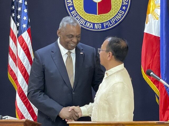 US Defense Secretary Lloyd Austin Visits Philippines MANILA, PHILIPPINES - FEBRUARY 02: U.S. Defense Secretary Lloyd Austin III (L) shakes hands with his Philippine counterpart, Carlito Galvez Jr. at a joint press conference in Camp Aguinaldo military headquarters on February 2, 2023 at the Malacanang Palace in Manila, Philippines. Austin …