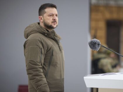 Ukrainian President Volodymyr Zelenskyy attends a commemorative event on the occasion of t