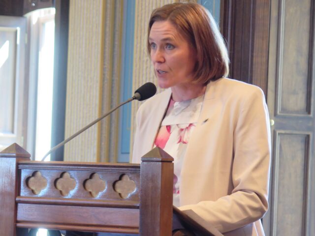 State Sen. Winnie Brinks, D-Grand Rapids, speaks in opposition to anti-abortion legislatio