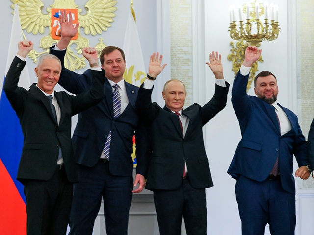 From left, Moscow-appointed head of Kherson Region Vladimir Saldo, Moscow-appointed head o