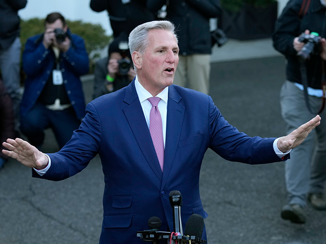 House Speaker Kevin McCarthy of Calif., talks with reporters outside the West Wing of the White House in Washington following his meeting with President Joe Biden, Wednesday, Feb. 1, 2023. (AP Photo/Susan Walsh)