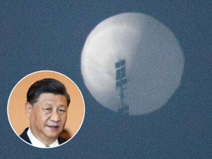 Chinese spy balloon with inset of Xi Jiping (Screenshot, Lauren DeCicca/Getty Images)