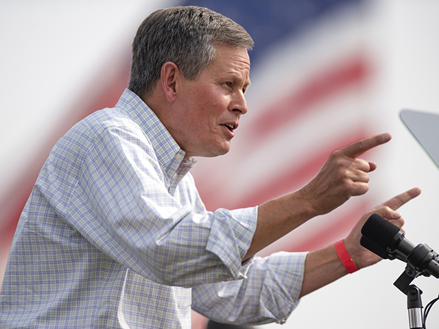 In this Sept. 14, 2020, file photo, Sen. Steve Daines, R- Mont., speaks to a crowd of supporters at a Republican campaign rally in Belgrade, Mont. Incumbent Republican Daines faces off Saturday, Oct. 10, 2020, in the last of three debates against his Democratic opponent, Montana Gov. Steve Bullock, in …