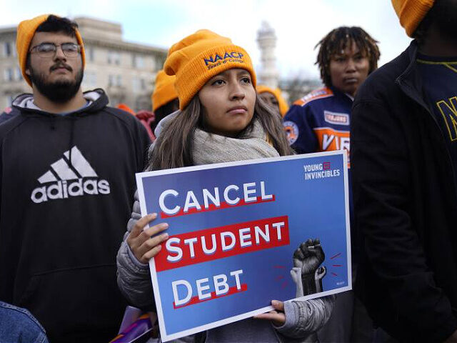 Student debt relief advocates gather outside the Supreme Court on Capitol Hill in Washingt
