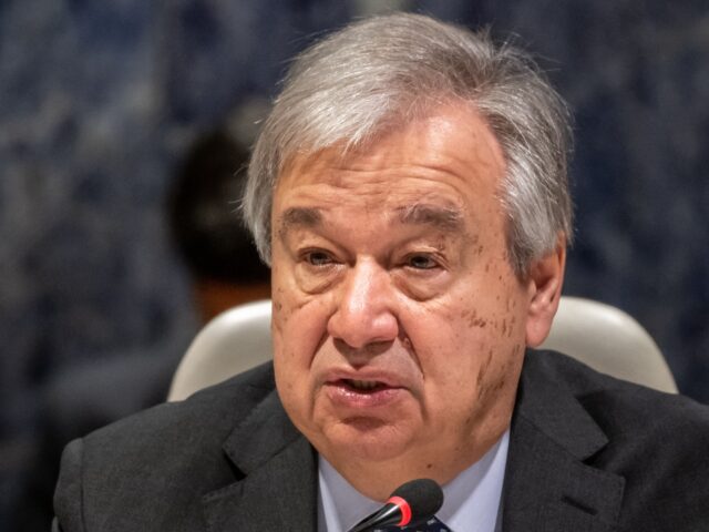 UN Secretary-General Antonio Guterres delivers a speech at the start of a Pakistan's Resilience to Climate Change conference in Geneva on January 9, 2023. - The UN chief called today for "massive investments" to help Pakistan recover from last year's devastating floods, saying the country was "doubly victimised" by climate …