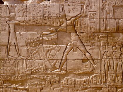 Relief from the northern wall of the hypostyle hall at the great temple of Amun, It depicts the campaigns of King Sethos I against the Libyans and Hittites. Egypt. Ancient Egyptian. 19th dynasty c 1295 1186C. Karnak. (Photo by Werner Forman/Universal Images Group/Getty Images)