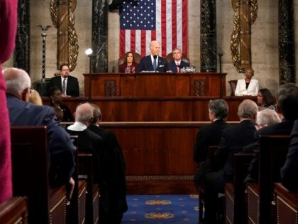 President Joe Biden delivers the State of the Union address to a joint session of Congress at the U.S. Capitol, Tuesday, Feb. 7, 2023, in Washington, as Vice President Kamala Harris and House Speaker Kevin McCarthy of Calif., listen. (Jacquelyn Martin, Pool)