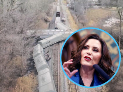 INSET: Michigan Gov. Gretchen Whitmer. "On Thursday, February 16th at approximately 8:30 a.m, Van Buren Police and Fire Departments responded to a train derailment including approximately 30 Northfolk Southern Railroad cars, located between Martinsville & Haggerty roads, south of Huron River Drive."