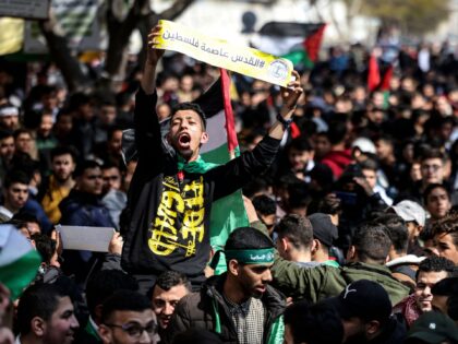 University students demonstrate in Gaza City on February 26, 2023, in support of the West Bank and against the Aqaba summit between Israel and Palestinians. (Photo by Mahmud HAMS / AFP) (Photo by MAHMUD HAMS/AFP via Getty Images)