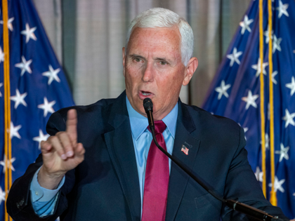 Former Vice President Mike Pence pauses while speaking at a Coolidge and the American Project lunch