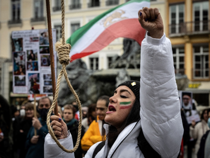 A protester holds a gallows rope during a rally in the French city of Lyon on January 8 ag