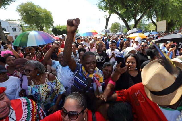 Protests in Paramaribo, Suriname on February 17 2023. (Photo by RANU ABHELAKH/AFP via Gett